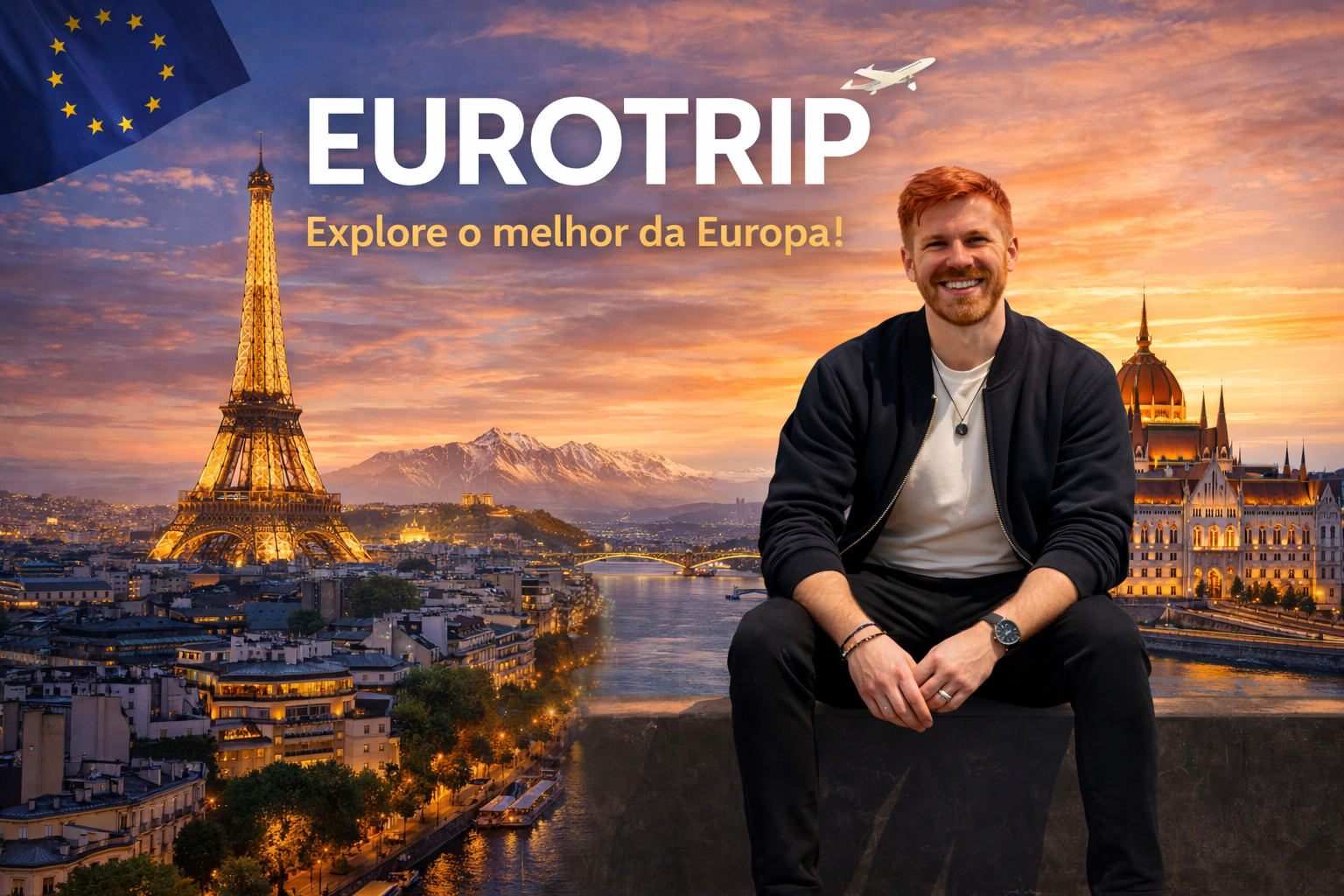 Imagem promocional sobre visitar a Europa com cenário urbano europeu e Lipe Travel Show